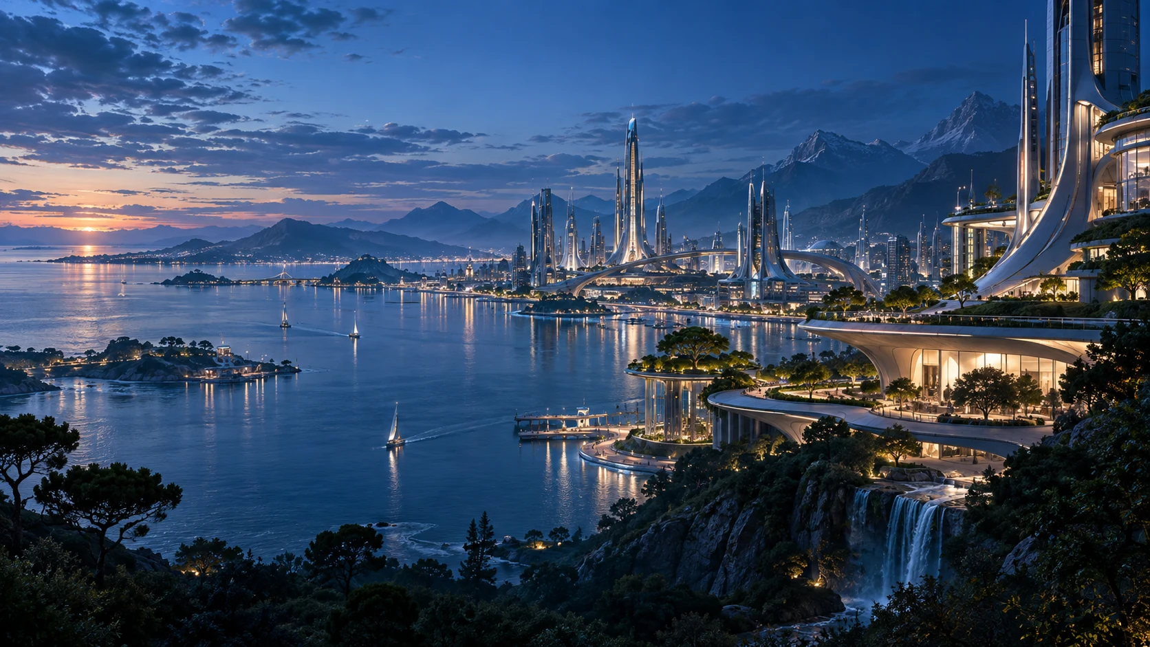 An optimistic future Earth city with elegant towers, green terraces and a mountain bay at twilight