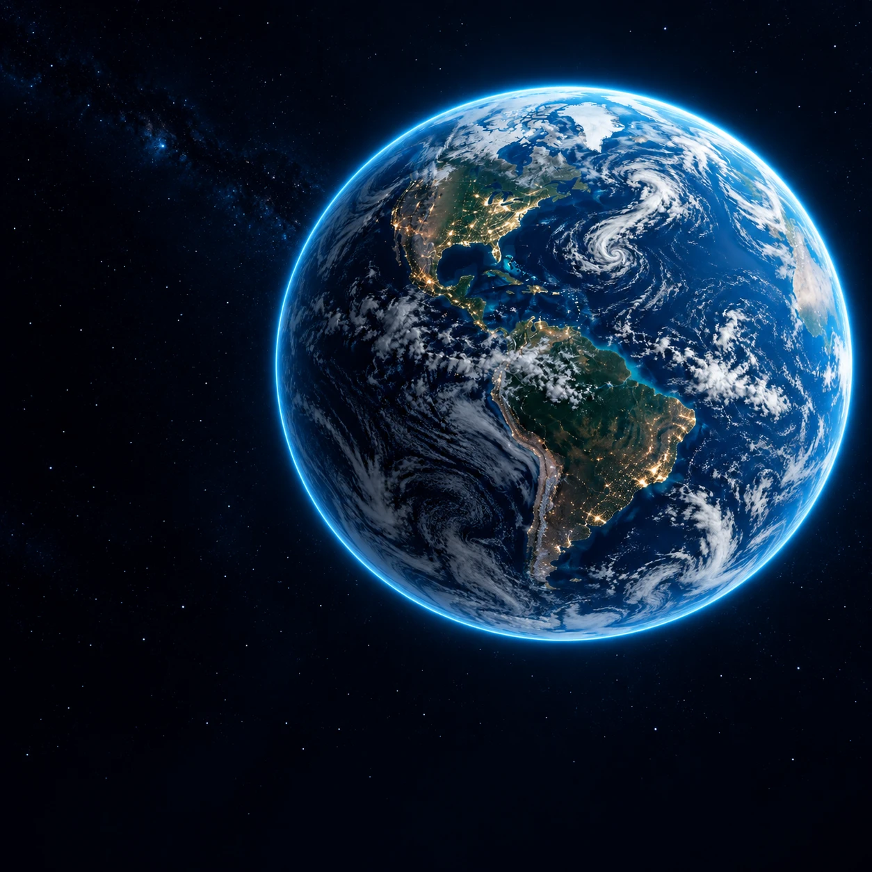 Earth from orbit, with a luminous blue atmosphere and city lights along its night side